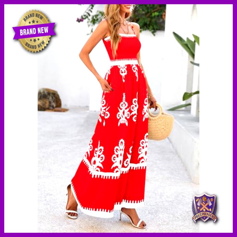 Floral Maxi Dress Boho Spaghetti Strap Smocked Fit and Flare Summer Vacation - Picture 4 of 7